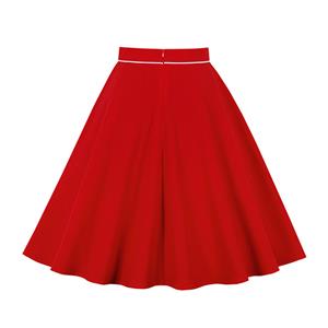 Retro Red Cotton Front Buttoned Solid Color High Waisted A-line Flared Skirt N21510