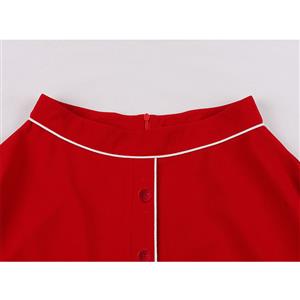 Retro Red Cotton Front Buttoned Solid Color High Waisted A-line Flared Skirt N21510