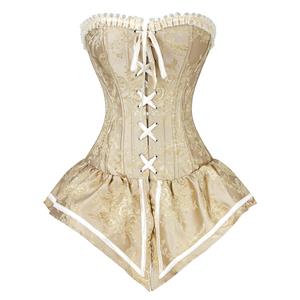 Retro Royal Yellow Jacquard Brocade Lace-up Overbust Corset with Skirt N18260