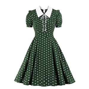 Retro Lapel Lacing Short Sleeve Polka Dots Print Summer A-line Swing Dress N20770