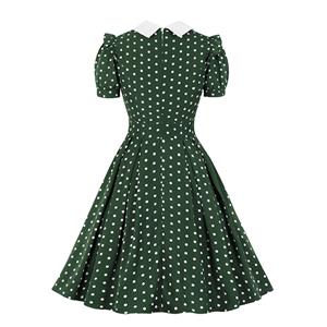 Retro Lapel Lacing Short Sleeve Polka Dots Print Summer A-line Swing Dress N20770