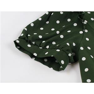 Retro Lapel Lacing Short Sleeve Polka Dots Print Summer A-line Swing Dress N20770