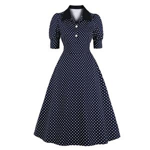 Fashion Navy-blue Lapel Half Sleeve Polka Dots Print Autumn A-line Swing Dress N20784