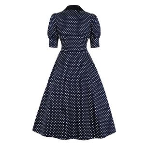 Fashion Navy-blue Lapel Half Sleeve Polka Dots Print Autumn A-line Swing Dress N20784