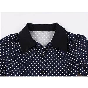 Fashion Navy-blue Lapel Half Sleeve Polka Dots Print Autumn A-line Swing Dress N20784