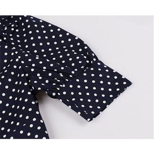 Fashion Navy-blue Lapel Half Sleeve Polka Dots Print Autumn A-line Swing Dress N20784