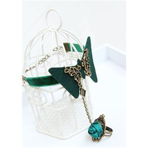 Retro Green Wristband Butterfly Embellished Bracelet with Ring J18078