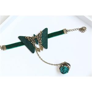 Retro Green Wristband Butterfly Embellished Bracelet with Ring J18078