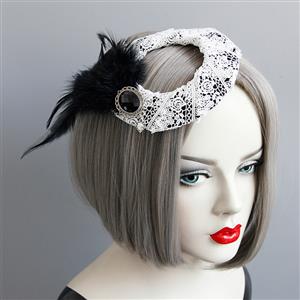 Retro Gothic White Lace Ring Black Gem Feather Embellishment Halloween Accessory Hat Hairclip J18808