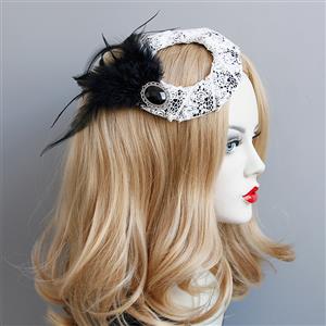 Retro Gothic White Lace Ring Black Gem Feather Embellishment Halloween Accessory Hat Hairclip J18808