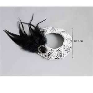 Retro Gothic White Lace Ring Black Gem Feather Embellishment Halloween Accessory Hat Hairclip J18808