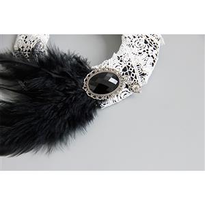 Retro Gothic White Lace Ring Black Gem Feather Embellishment Halloween Accessory Hat Hairclip J18808