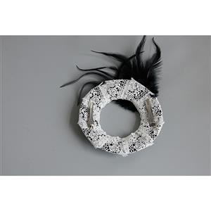 Retro Gothic White Lace Ring Black Gem Feather Embellishment Halloween Accessory Hat Hairclip J18808