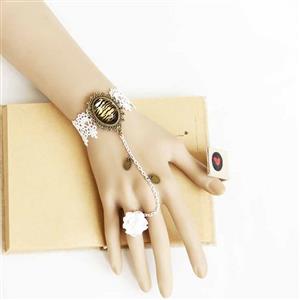 Reto Bracelet, Vintage Tigrine Time Gem Bracelet, Cheap Wristband, Gothic White Bracelet, Victorian White Lace Bracelet, Retro White Wristband, Bracelet with Ring, #J18108