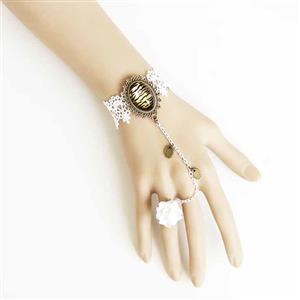 Retro White Lace Wristband Tigrine Time Gem Embellished Bracelet with Ring J18108