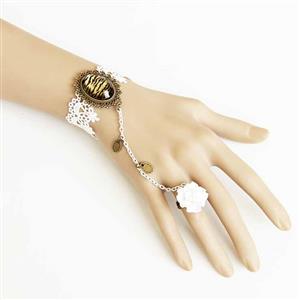 Retro White Lace Wristband Tigrine Time Gem Embellished Bracelet with Ring J18108