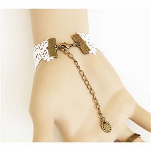 Retro White Lace Wristband Tigrine Time Gem Embellished Bracelet with Ring J18108