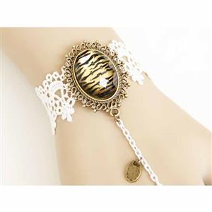 Retro White Lace Wristband Tigrine Time Gem Embellished Bracelet with Ring J18108