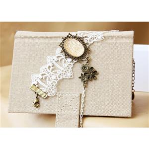 Retro White Lace Wristband Champagne Gem Embellished Bracelet with Ring J18120