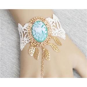 Retro White Floral Lace Wristband Golden Metal Bracelet with Ring J18093