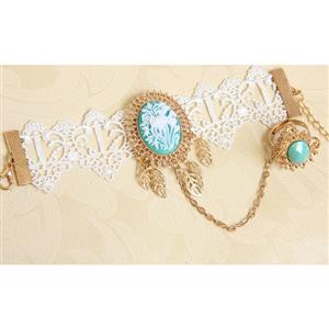 Retro White Floral Lace Wristband Golden Metal Bracelet with Ring J18093