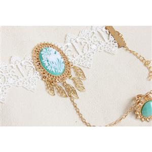 Retro White Floral Lace Wristband Golden Metal Bracelet with Ring J18093