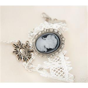 Retro White Lace Wristband Silver Sun Charms Bracelet with Crown Ring J18094