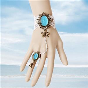 Vintage Bracelet, Gothic Rose Bracelet, Cheap Wristband, Gothic White Lace Bracelet, Victorian Bracelet, Retro White Wristband, Bracelet with Ring, #J18047
