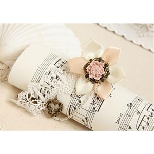 Vintage Wristband Pink Resin Flower Embellished Bracelet with Ring J18050