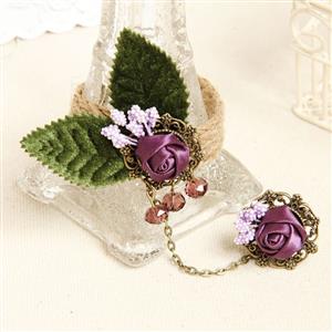 Retro Wristband Purple Rose Embellished Bracelet with Ring J18051