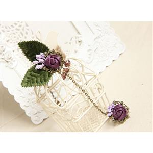 Retro Wristband Purple Rose Embellished Bracelet with Ring J18051