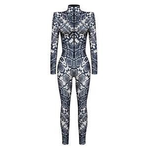 Futuristic Robot Printed Jumpsuit, Halloween Robot High Neck Slim Fit Bodysuit, Halloween Bodycon Jumpsuit, Long Sleeve High Neck Jumpsuit, Halloween Robot Jumpsuit for Women, #N22330