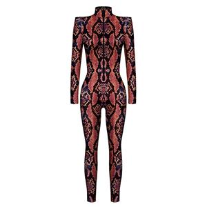 Futuristic Robot Printed Jumpsuit, Halloween Robot High Neck Slim Fit Bodysuit, Halloween Bodycon Jumpsuit, Long Sleeve High Neck Jumpsuit, Halloween Robot Jumpsuit for Women, #N22332