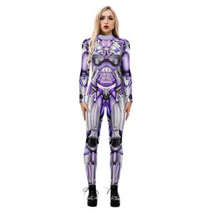 Robot Printed Jumpsuit, Halloween Robot High Neck Slim Fit Bodysuit, Halloween Bodycon Jumpsuit, Long Sleeve High Neck Jumpsuit, Halloween Robot Jumpsuit for Women, #N21253