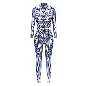 Futuristic Robot Printed Jumpsuit, Halloween Robot High Neck Slim Fit Bodysuit, Halloween Bodycon Jumpsuit, Long Sleeve High Neck Jumpsuit, Halloween Robot Jumpsuit for Women, #N21401