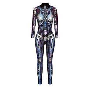 Futuristic Robot Printed Jumpsuit, Halloween Robot High Neck Slim Fit Bodysuit, ET Halloween Bodycon Jumpsuit, Long Sleeve High Neck Jumpsuit, Halloween Robot Jumpsuit for Women, #N21403