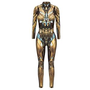 Futuristic Iron Robot Printed Jumpsuit, Halloween Iron Robot High Neck Slim Fit Bodysuit, ET Alien Halloween Bodycon Jumpsuit, Long Sleeve High Neck Jumpsuit, Halloween Robot Jumpsuit for Women, #N21404