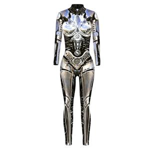 Futuristic Iron Robot Printed Jumpsuit, Halloween Iron Robot High Neck Slim Fit Bodysuit, ET Alien Halloween Bodycon Jumpsuit, Long Sleeve High Neck Jumpsuit, Halloween Robot Jumpsuit for Women, #N21405