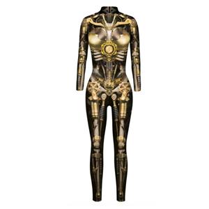 Futuristic Iron Robot Printed Jumpsuit, Halloween Iron Robot High Neck Slim Fit Bodysuit, ET Alien Halloween Bodycon Jumpsuit, Long Sleeve High Neck Jumpsuit, Halloween Robot Jumpsuit for Women, #N21406