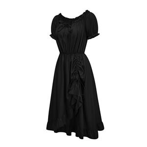 Women's Romantic Off-Shoulder Ruffle Dress - Black Tie-Up Midi Dress with Puff Sleeves & Elastic Waist N23779
