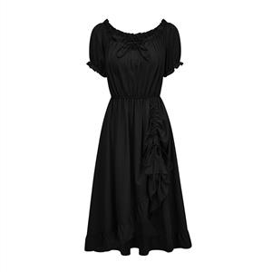 off-shoulder dress, black ruffle dress, tie-up midi dress, puff sleeve dress, romantic evening dress, elastic waist dress, feminine party dress, stretchy cocktail dress, adjustable side tie dress, elegant occasion wear #N23779