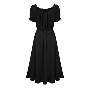 Women's Romantic Off-Shoulder Ruffle Dress - Black Tie-Up Midi Dress with Puff Sleeves & Elastic Waist N23779