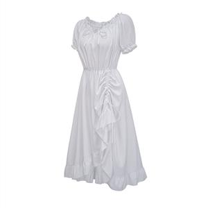 Women's Romantic Off-Shoulder Ruffle Dress - White Tie-Up Midi Dress with Puff Sleeves & Elastic Waist N23780