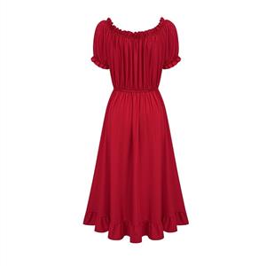 Women's Romantic Off-Shoulder Ruffle Dress - Red Tie-Up Midi Dress with Puff Sleeves & Elastic Waist N23781