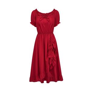 off-shoulder dress, red ruffle dress, tie-up midi dress, puff sleeve dress, romantic evening dress, elastic waist dress, feminine party dress, stretchy cocktail dress, adjustable side tie dress, elegant occasion wear #N23781