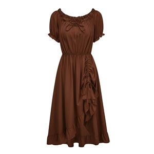 off-shoulder dress, brown ruffle dress, tie-up midi dress, puff sleeve dress, romantic evening dress, elastic waist dress, feminine party dress, stretchy cocktail dress, adjustable side tie dress, elegant occasion wear #N23782