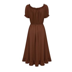 Women's Romantic Off-Shoulder Ruffle Dress - Brown Tie-Up Midi Dress with Puff Sleeves & Elastic Waist N23782