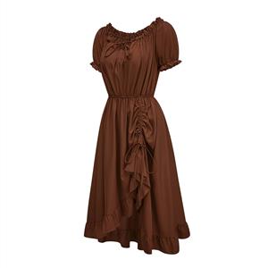 Women's Romantic Off-Shoulder Ruffle Dress - Brown Tie-Up Midi Dress with Puff Sleeves & Elastic Waist N23782