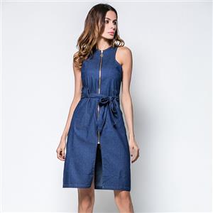 Fashion Round Neck Lace-up Sleeveless Slim Waist Vest Skirt Summer Zipper Denim Dress N20445