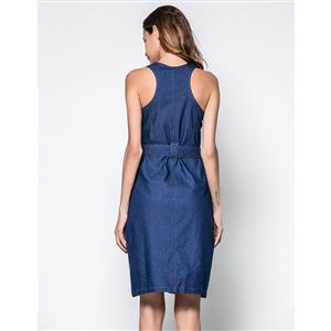 Fashion Round Neck Lace-up Sleeveless Slim Waist Vest Skirt Summer Zipper Denim Dress N20445